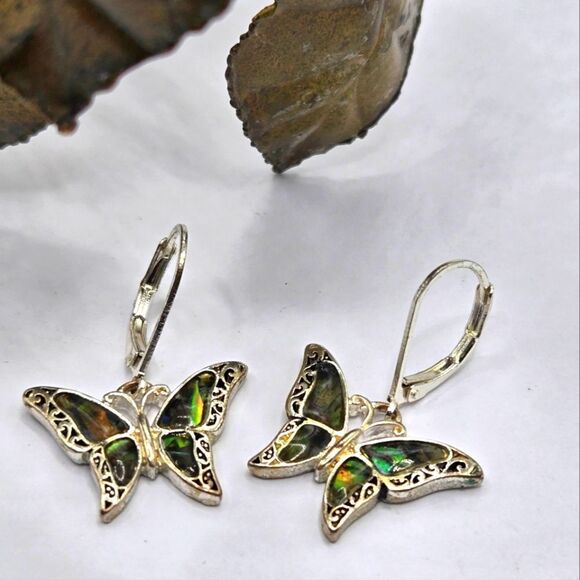 "5/$25" Butterfly Inlaid Rainbow Abalone Shell Silverplated Leverback Earrings - Picture 1 of 5